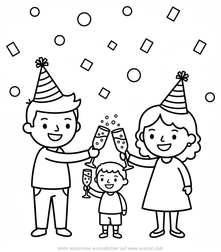 Familie mit Sektgläsern und Partyhüten Silvester Ausmalbild