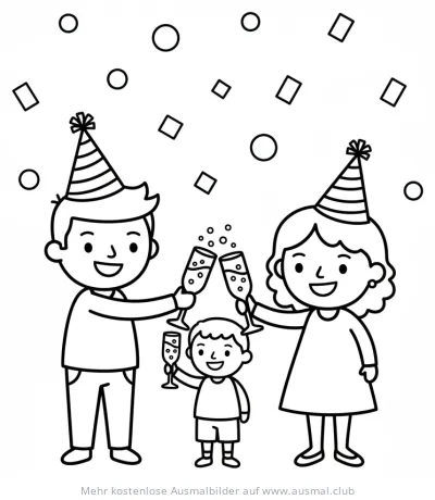 Familie mit Sektgläsern und Partyhüten Silvester Ausmalbild