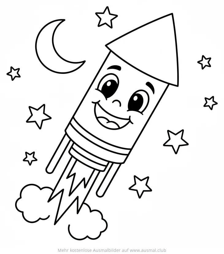 Fröhliche Rakete mit Sternen und Mond Ausmalbild