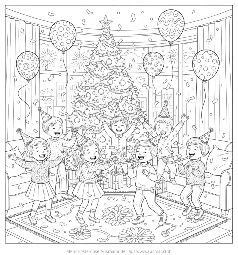 Fröhliche Kinder feiern Silvesterparty mit Weihnachtsbaum und Konfetti Ausmalbild