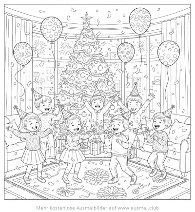 Fröhliche Kinder feiern Silvesterparty mit Weihnachtsbaum und Konfetti Ausmalbild
