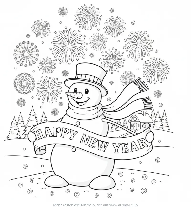 Schneemann mit Happy New Year Banner vor Feuerwerk Ausmalbild
