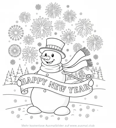 Schneemann mit Happy New Year Banner vor Feuerwerk Ausmalbild