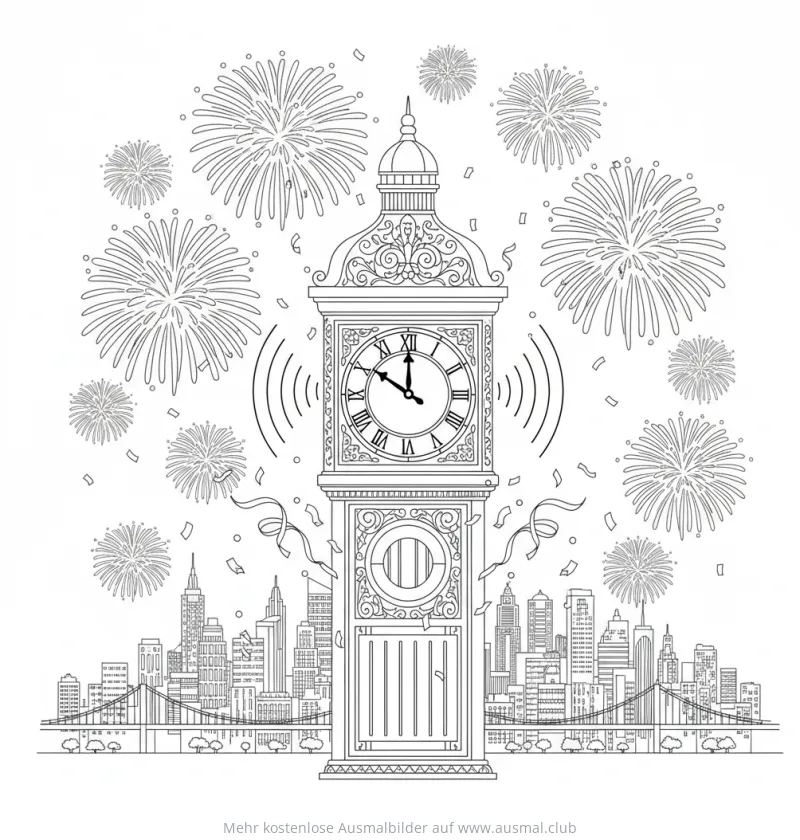 Standuhr mit Feuerwerk und Skyline Ausmalbild für Silvester