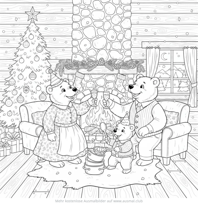 Bären Familie feiert Silvester mit Weihnachtsbaum Ausmalbild