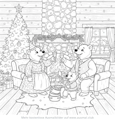 Bären Familie feiert Silvester mit Weihnachtsbaum Ausmalbild