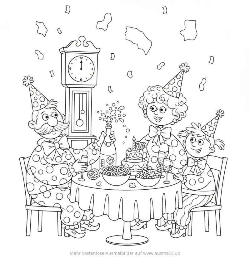 Familie feiert Silvester am Tisch Ausmalbild