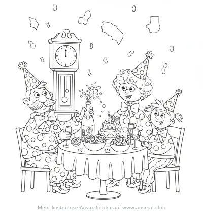 Familie feiert Silvester am Tisch Ausmalbild
