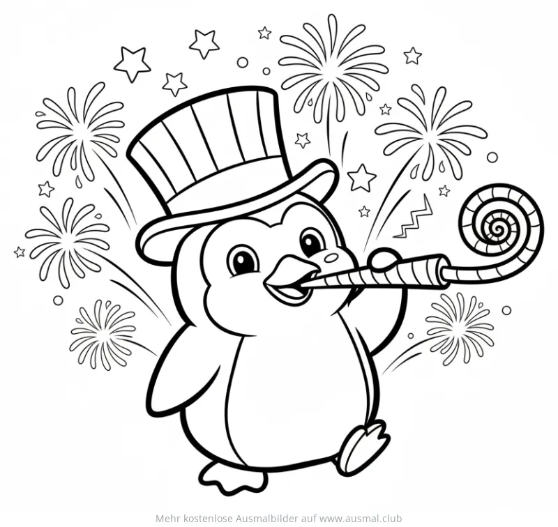 Pinguin mit Zylinder und Tröte vor Feuerwerk Ausmalbild