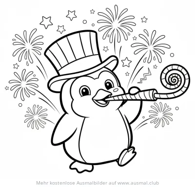 Pinguin mit Zylinder und Tröte vor Feuerwerk Ausmalbild