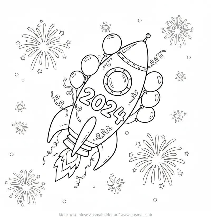 Rakete mit 2024 und Feuerwerk Ausmalbild für Silvester