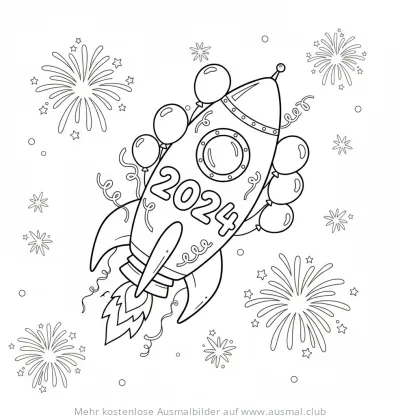 Rakete mit 2024 und Feuerwerk Ausmalbild für Silvester