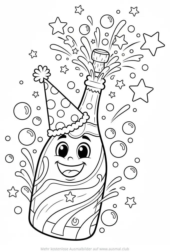 Fröhliche Sektflasche mit Partyhut und Sternen Ausmalbild
