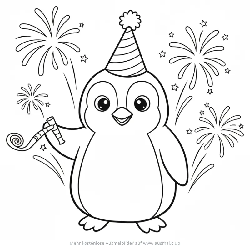 Pinguin mit Partyhut und Tröte vor Feuerwerk Ausmalbild