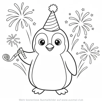 Pinguin mit Partyhut und Tröte vor Feuerwerk Ausmalbild