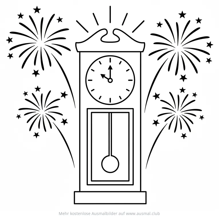 Standuhr mit Feuerwerk Ausmalbild für Silvester