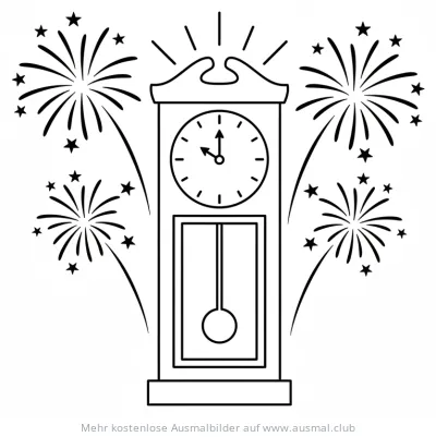 Standuhr mit Feuerwerk Ausmalbild für Silvester