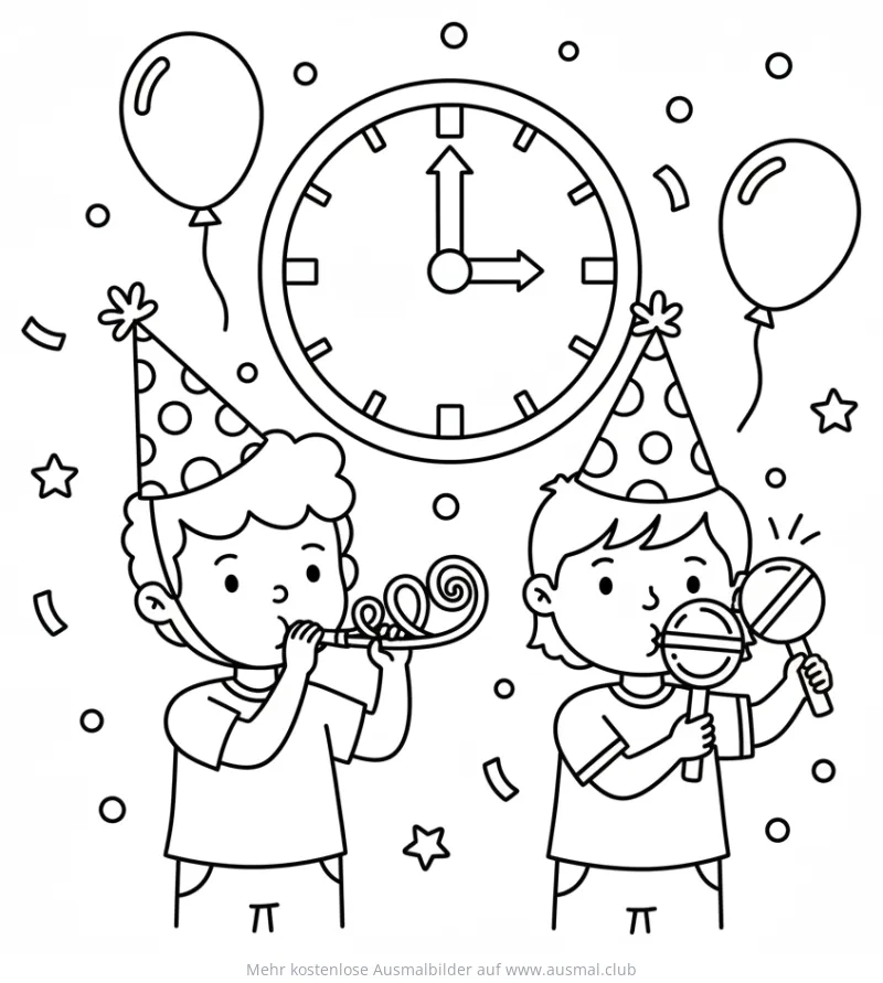 Silvester: Zwei Kinder mit Partyhüten und Tröten vor einer Uhr Ausmalbild