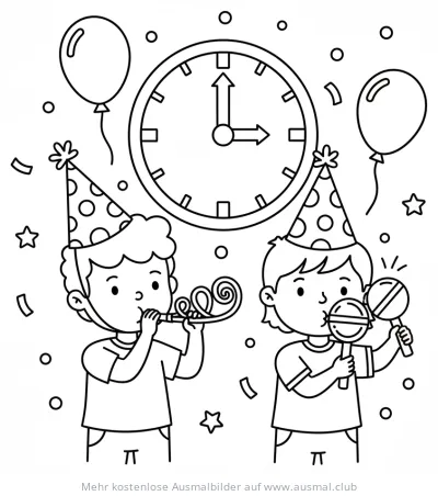 Silvester: Zwei Kinder mit Partyhüten und Tröten vor einer Uhr Ausmalbild