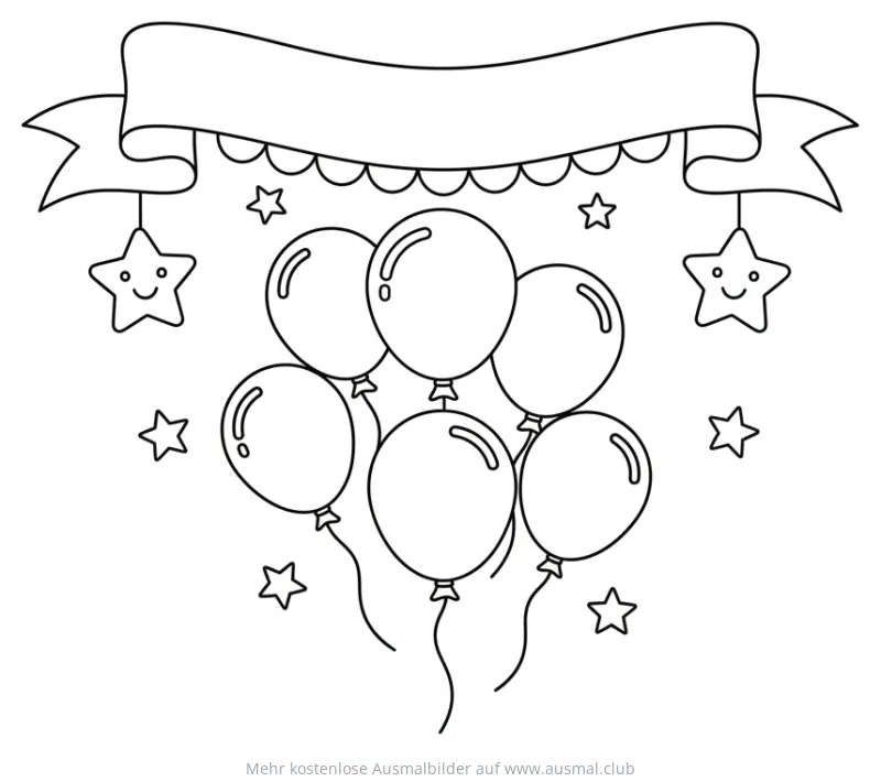 Silvester Ausmalbild mit Ballons, Sternen und Banner