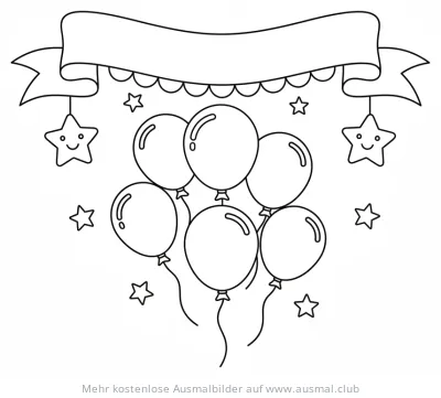 Silvester Ausmalbild mit Ballons, Sternen und Banner