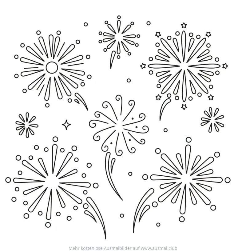 Feuerwerk Ausmalbild mit verschiedenen Feuerwerkskörpern