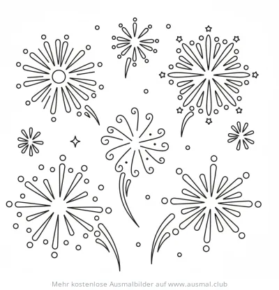 Feuerwerk Ausmalbild mit verschiedenen Feuerwerkskörpern