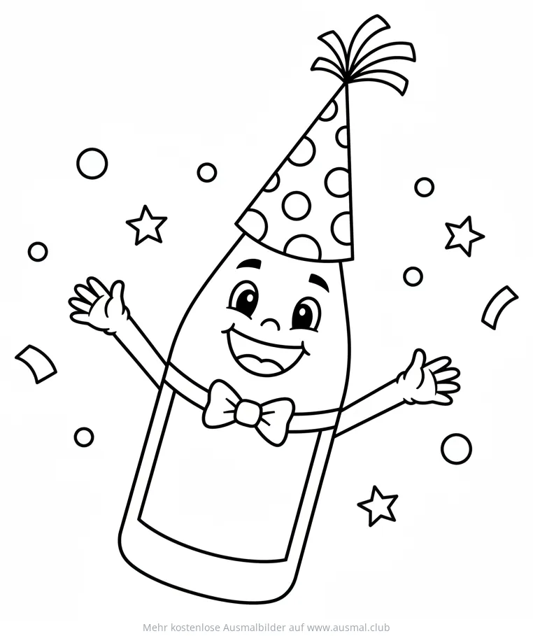 Fröhliche Champagnerflasche mit Partyhut Ausmalbild