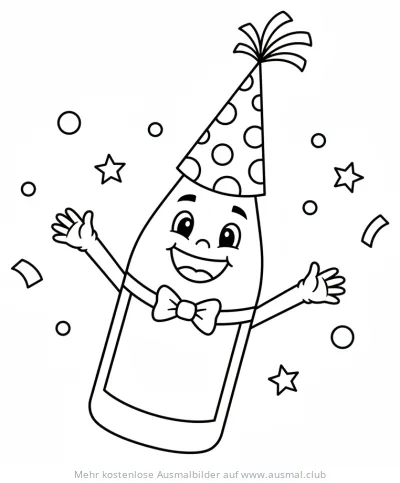 Fröhliche Champagnerflasche mit Partyhut Ausmalbild