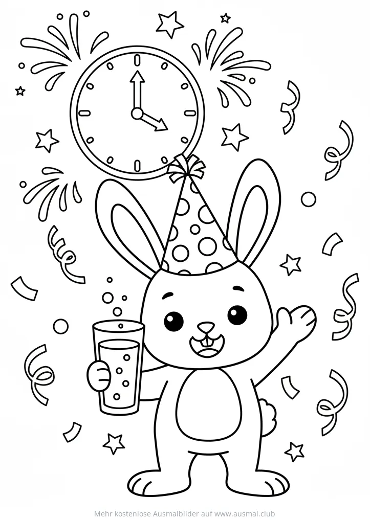 Hase mit Partyhut, Glas und Uhr beim Silvester Ausmalbild