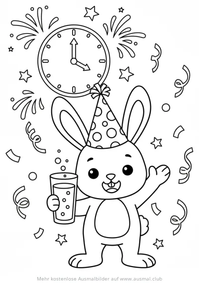 Hase mit Partyhut, Glas und Uhr beim Silvester Ausmalbild