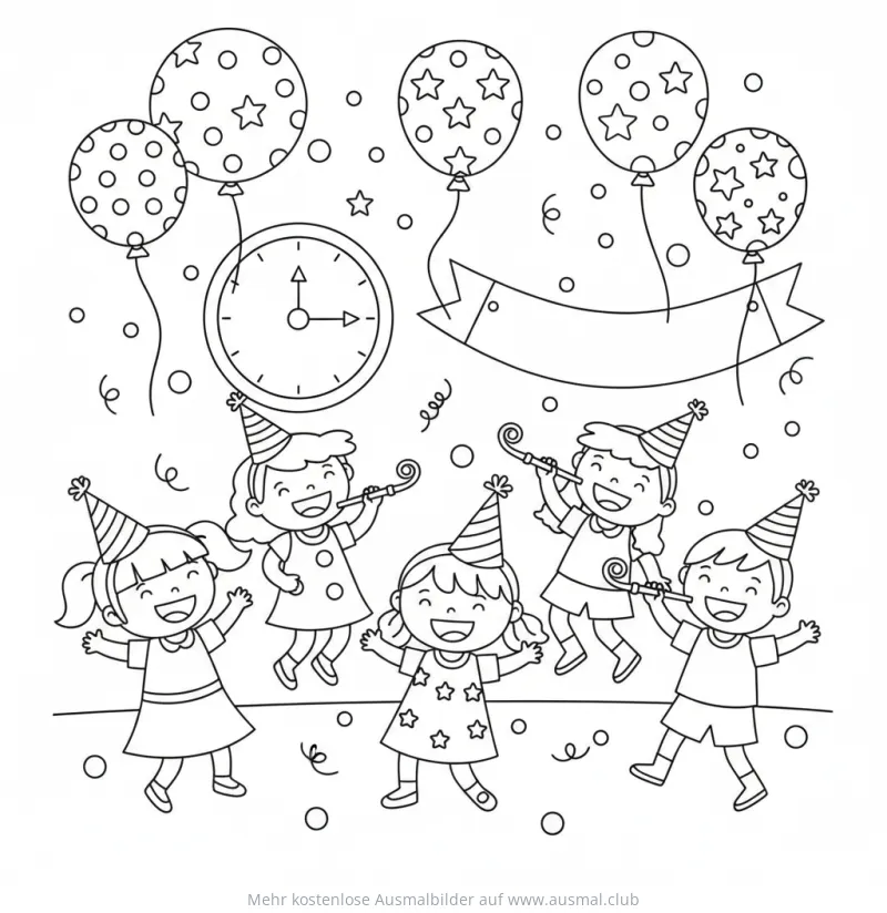 Silvesterparty mit Kindern, Ballons und Uhr Ausmalbild
