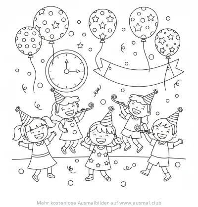 Silvesterparty mit Kindern, Ballons und Uhr Ausmalbild