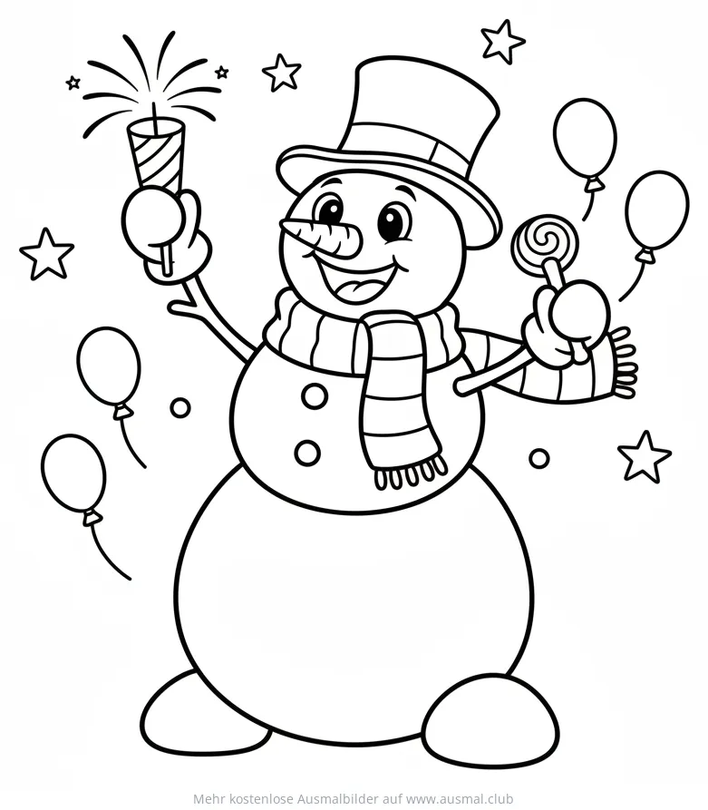 Fröhlicher Schneemann mit Wunderkerze und Lolli Ausmalbild für Silvester