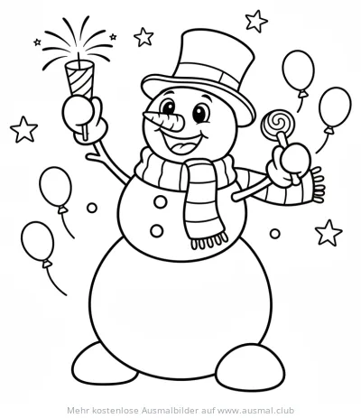 Fröhlicher Schneemann mit Wunderkerze und Lolli Ausmalbild für Silvester