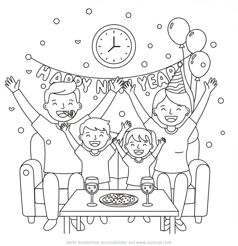 Fröhliche Familie feiert Silvester mit Girlande und Luftballons Ausmalbild