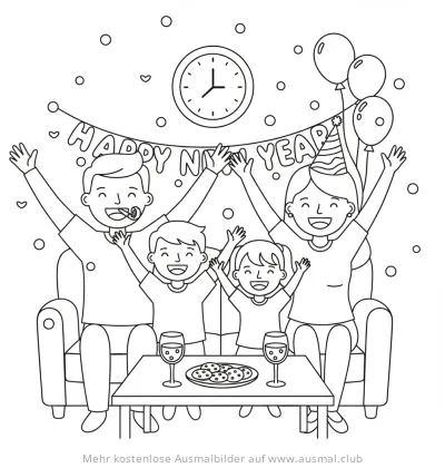 Fröhliche Familie feiert Silvester mit Girlande und Luftballons Ausmalbild
