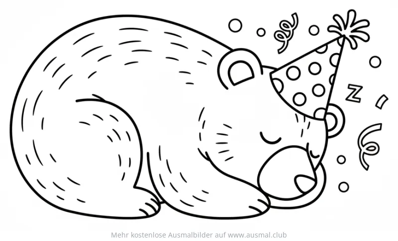 Schlafender Bär mit Partyhut Ausmalbild