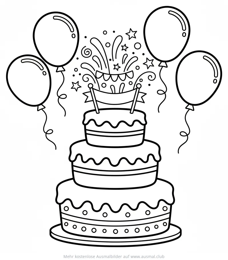 Silvester Ausmalbild mit dreistöckigem Kuchen, Ballons und Girlande
