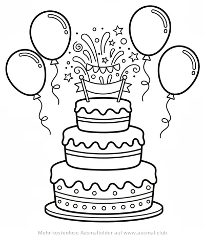 Silvester Ausmalbild mit dreistöckigem Kuchen, Ballons und Girlande