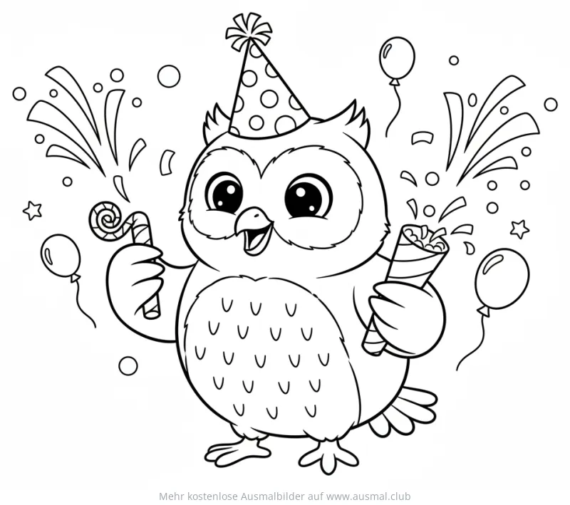 Eule mit Partyhut, Tröte und Konfetti Ausmalbild
