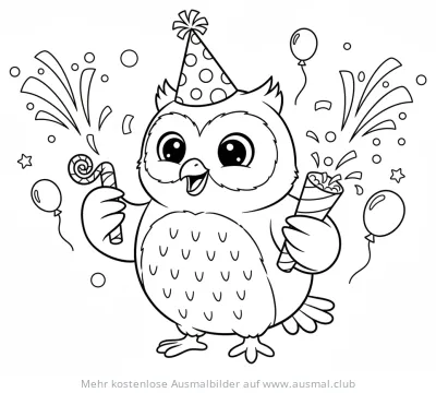 Eule mit Partyhut, Tröte und Konfetti Ausmalbild