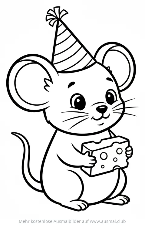 Maus mit Partyhut und Käse Ausmalbild