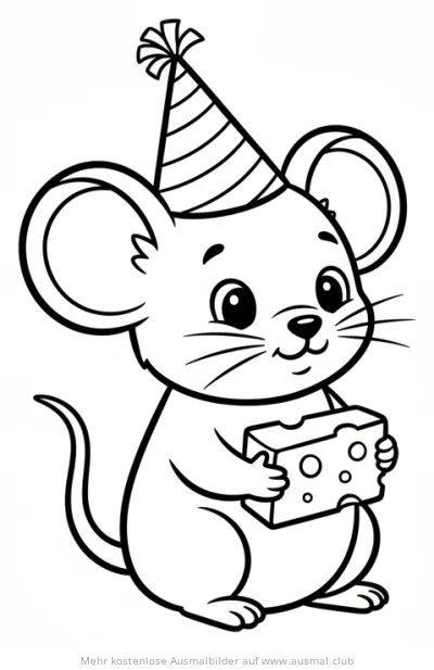 Maus mit Partyhut und Käse Ausmalbild