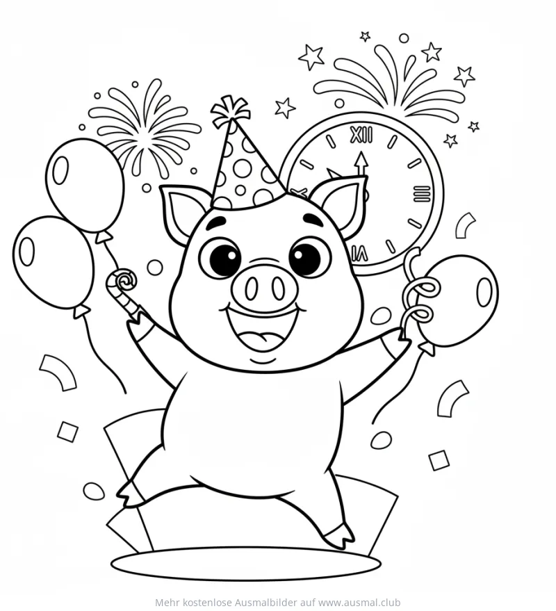 Fröhliches Schwein mit Partyhut, Luftballons und Uhr zum Jahreswechsel Ausmalbild