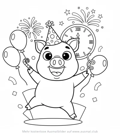 Fröhliches Schwein mit Partyhut, Luftballons und Uhr zum Jahreswechsel Ausmalbild