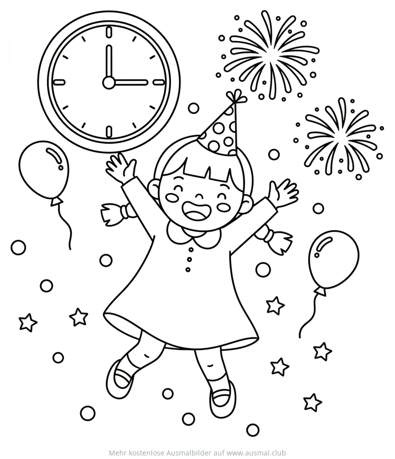 Fröhliches Mädchen mit Partyhut, Feuerwerk und Luftballons Ausmalbild für Silvester