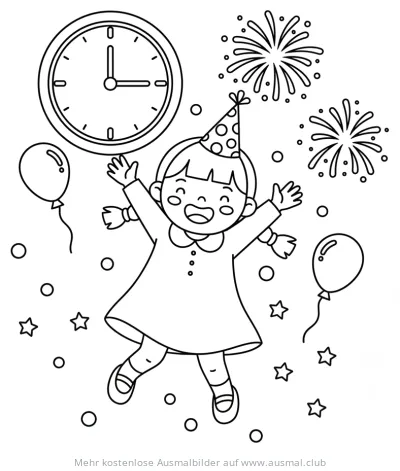 Fröhliches Mädchen mit Partyhut, Feuerwerk und Luftballons Ausmalbild für Silvester