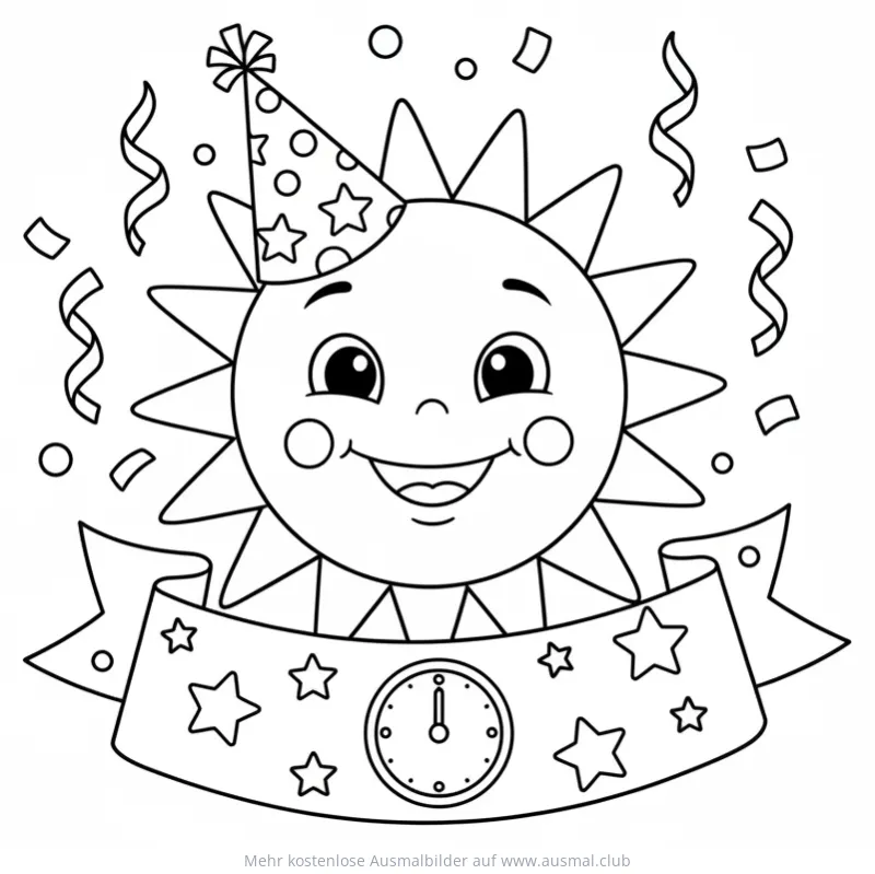 Sonne mit Partyhut und Uhr kurz vor Mitternacht Ausmalbild