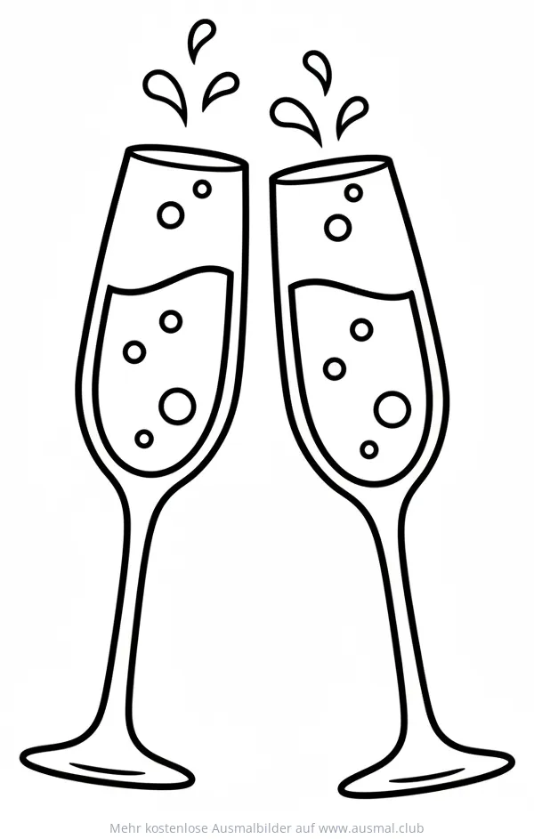 Zwei Sektgläser stoßen an, Silvester Ausmalbild